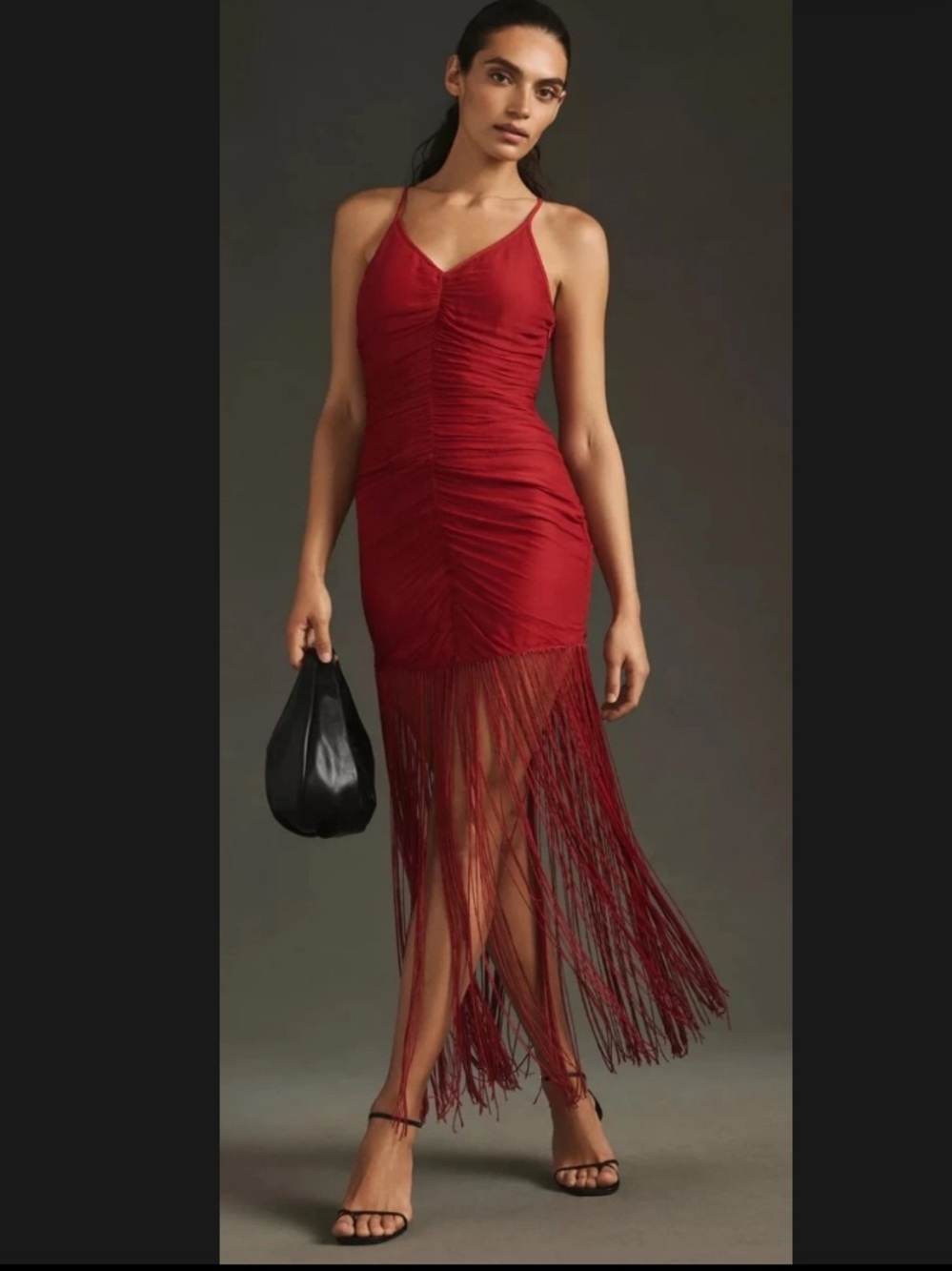 Vineet Bahl XS Red Sleeveless V-Neck Midi Dress with Fringe